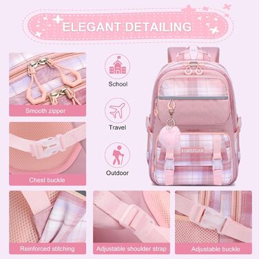 KEBEIXUAN Рюкзак для дівчинки, шкільна сумка 1-5 клас, дихаючий рюкзак з брелоком Pom-Pom, нагрудний ремінь, фіолетовий + ланч-бокс + пенал (рожевий)