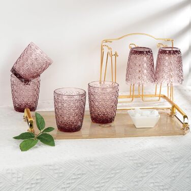 Joeyan 300ml Rosa Wassergläser Vintage, Colored Drinking Glasses with Embossed Design, Colored Glasses Set of 6, Dishwasher Safe