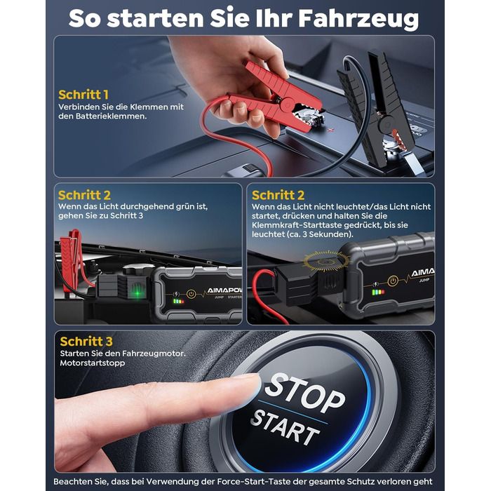 Powerbank для запуску двигуна AIMAPOW Starthilfe 6000A 12V - для бензинових авто, дизельних (10.0L) з LED-ліхтариком та великим екраном, бустер для акумулятора SUV, мотоцикла, газонокосарки