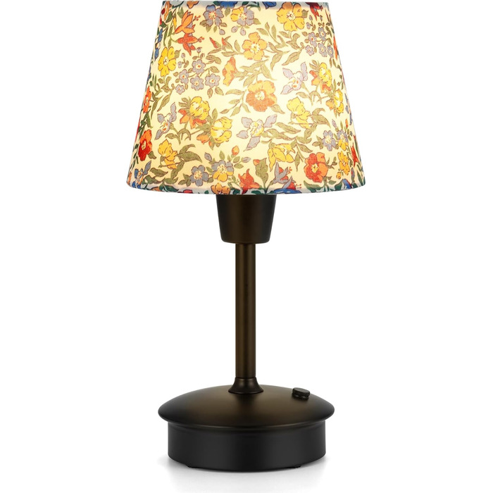 Акумуляторна настільна лампа: портативна, з регулюванням яскравості, для дому та саду. Тканинний абажур, античний метал, квітковий принт