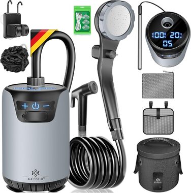 Соняшна душова кабіна KESSER® з насосом та акумулятором 8000mAh | 20L комплект для кемпінгу з регульованим душем, шлангом 2м, пістолетом-розпилювачем та кріпленням
