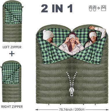 Спальний мішок Poepore Outdoor Winter для дорослих, Extra Wide, 3-4 сезони, XXL, теплий бавовняний фліс, 230*100см, 0°C
