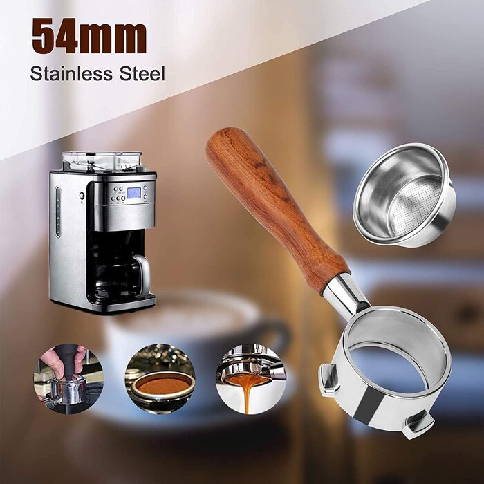 Bottomless Portafilter 54mm Compatible with Sage/Breville Barista Series 870/878/880 and 54mm Sage/Breville Espresso Machines, With 1 Cup Filter Basket, Wooden Handle