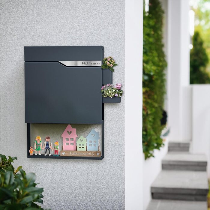 Поштова скринька Metzler Anthrazit з газетницею та іменним шильдиком RAL 7016, вулична, антикорозійна, для настінного монтажу, сучасний дизайн 37x37x10.5 см
