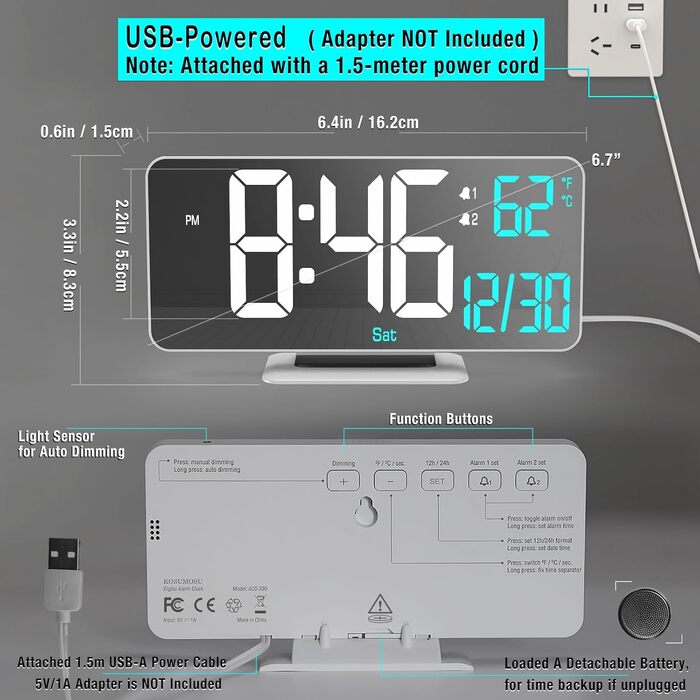 Цифровий LED годинник-будильник KOSUMOSU для спальні 6.7