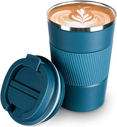 Термокружка з нержавіючої сталі, 380 мл, блакитна. Ізольована термокружка для напоїв, подорожей, авто. З кришкою, подвійні стінки, не протікає.