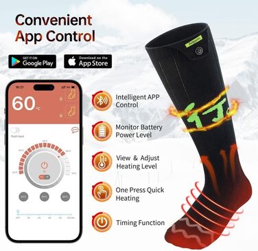 Електричні гріючі шкарпетки для жінок та чоловіків, USB, 4 режими температури, керування через додаток, для активного відпочинку (походи, катання на лижах, кемпінг, риболовля), XL