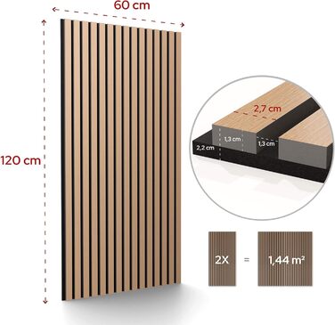 Акустичні панелі Arebos 120x60 см, настінна ламельна панель під дерево для стін та стелі, шумопоглищаючі панелі для покращення акустики приміщення, дуб (набір 2 шт.)