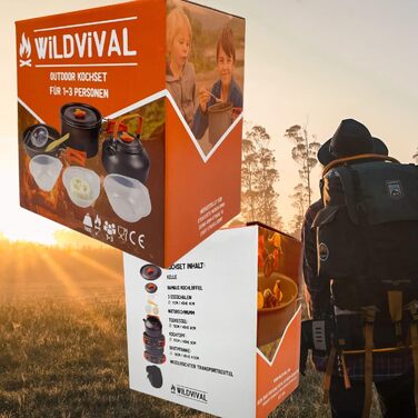 Набір посуду для кемпінгу WILDVIVAL на 1-3 особи (12 предметів) - легкий алюмінієвий посуд для кемпінгу з каструлею, сковородою та чайником