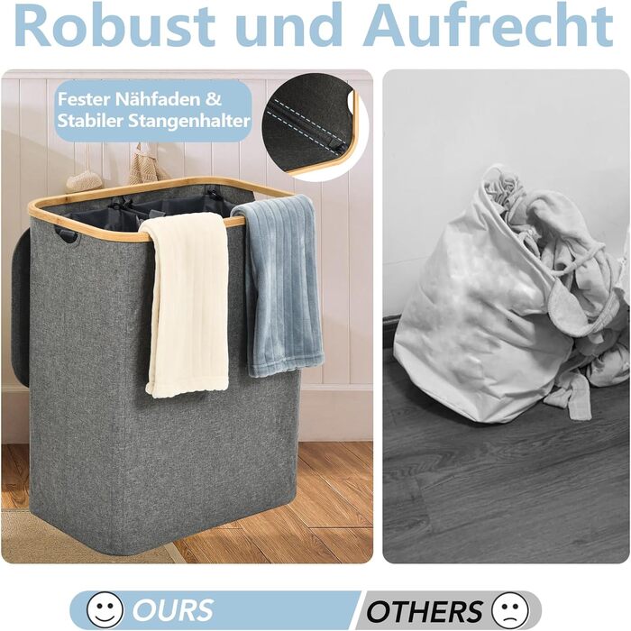 ROSOS Laundry Basket with Lid, 145L Foldable Laundry Basket with 2 Compartments and Removable Laundry Bag, Laundry Collector with Lid & Bamboo Handle, Waterproof Laundry Box with Lid, Grey