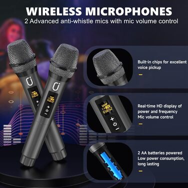 Караоке машина MS80 з 2 мікрофонами, портативна колонка з LED-підсвіткою, Bluetooth, USB/TF-карта, AUX/FM, система PA, TWS