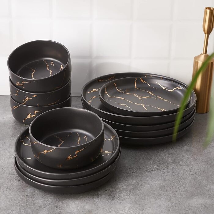 Набір посуду White Gold Splash, 12 предметів: тарілки та миски, чорний, преміум-посуд для 4 осіб, кераміка