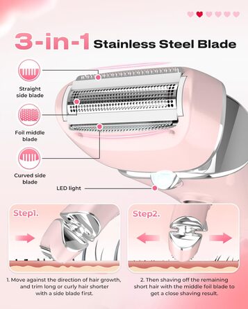 Електричний жіночий триммер для тіла: безболісне гоління ніг, бікіні та під пахв, бездротовий, акумуляторний, для мокрого та сухого використання, рожевий