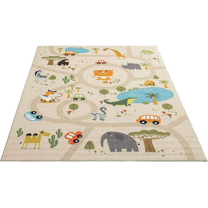 Дитячий килим Happy Life з мотивом доріг, джунглів, тварин та авто, антиковзкий, бежевий, 140x200 см
