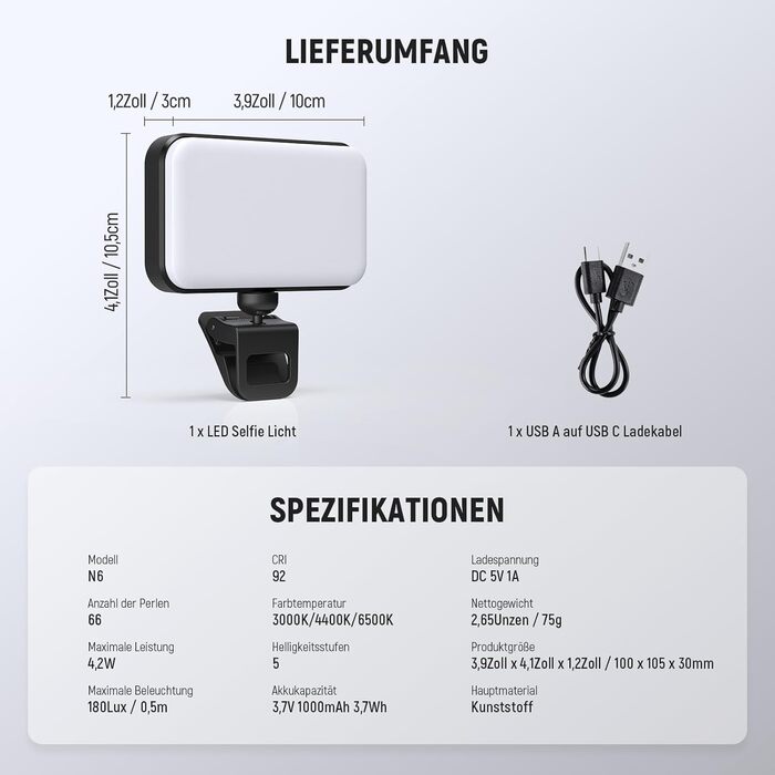 LED світло Neewer для селфі та відеозйомки на телефон, 54 світлодіоди, кліпса, CRI 88, 650mAh, для iPhone, ноутбук, вебкамера, Zoom, макіяж