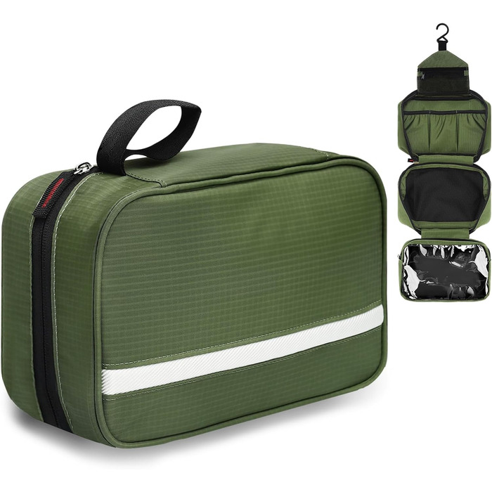 Чоловіча та жіноча косметичка для подорожей з відділеннями, водонепроникна, з гачком, зелена