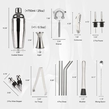 Набір для коктейлів 750 мл, 16 предметів - професійний барний набір з нержавіючої сталі на бамбуковій підставці, срібний