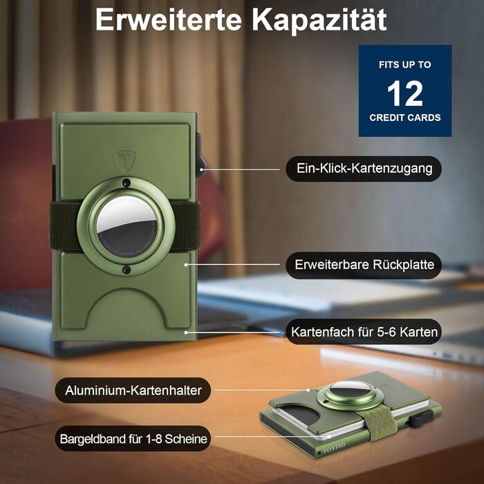 Чоловічий гаманець TOYFID з відділом для AirTag, 12 слотів для карток, відділення для паперових грошей, RFID захист, швидкий доступ до карток, алюміній, зелений з кишеню для AirTag