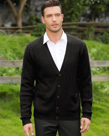 Чоловічий кардиган Kallspin з в'язаного з мікрофібри з косими візерунками, з ґудзиками та кишенями (S, Чорний)