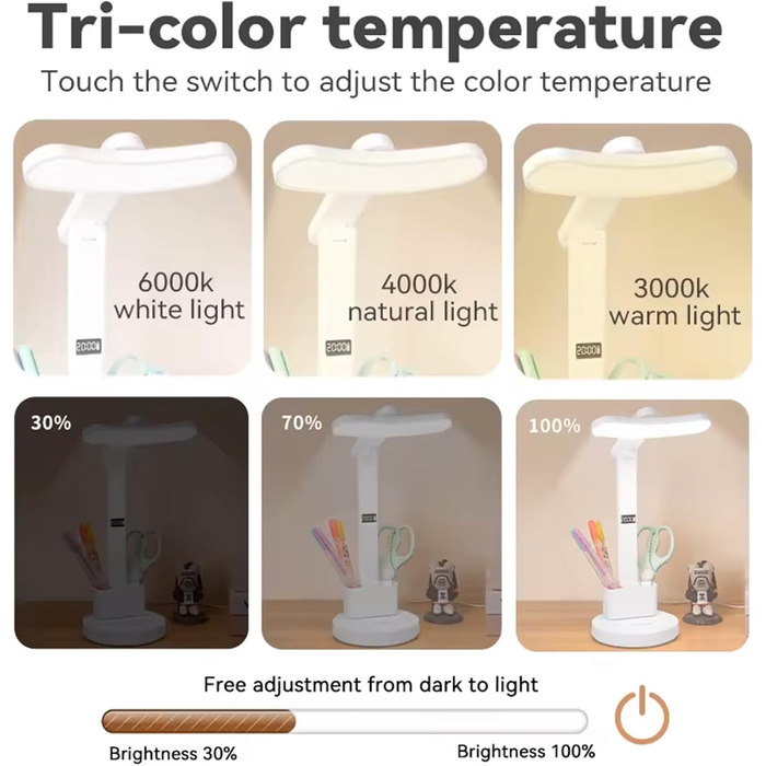 LED лампа настільна з регулюванням яскравості та 3 кольоровими температурами, LCD-дисплеєм. Захист очей, без мерехтіння, для офісу, спальні та дитячої кімнати.