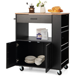 Giantex Rolling Kitchen Cart with Countertop - Kitchen Island with Storage, Mobile Kitchen Trolley with Drawer & 3 Shelves (White & Black)
