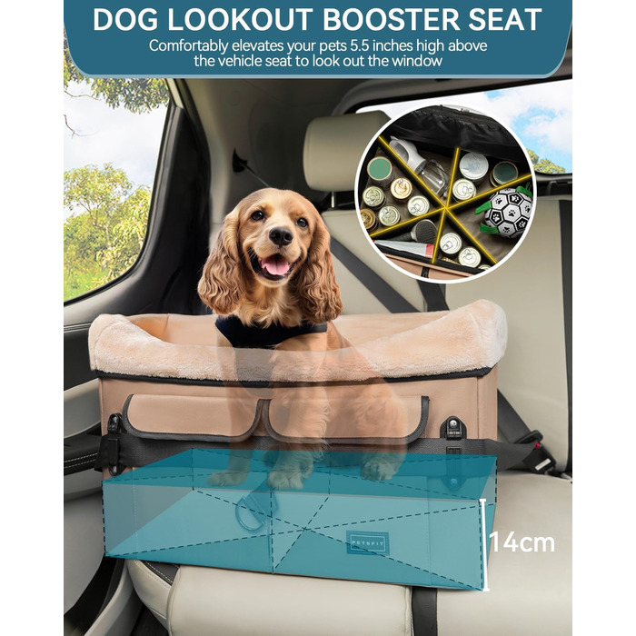 Автокрісло для собак Petsfit - середній розмір, бежеве, з ременями та кишенею