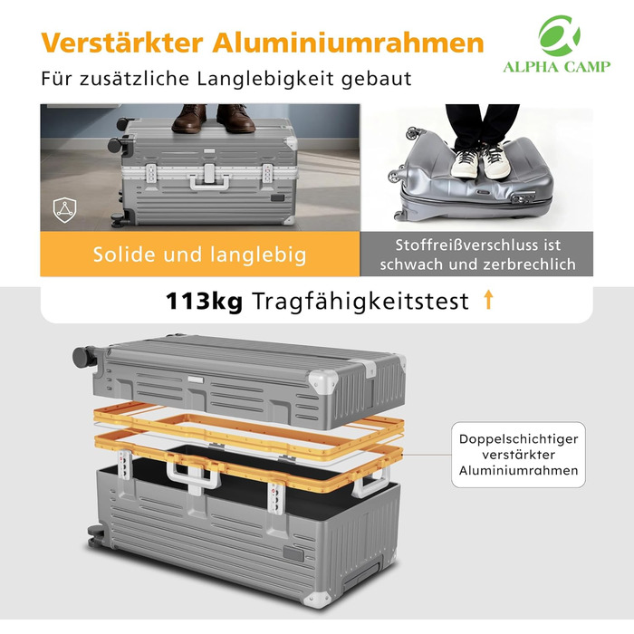 Чемодан ALPHA CAMP XL з алюмінієвим каркасом та полікарбонатною оболонкою, TSA-замок, 40x36x77 см, 93 л, темно-сірий, для подорожей