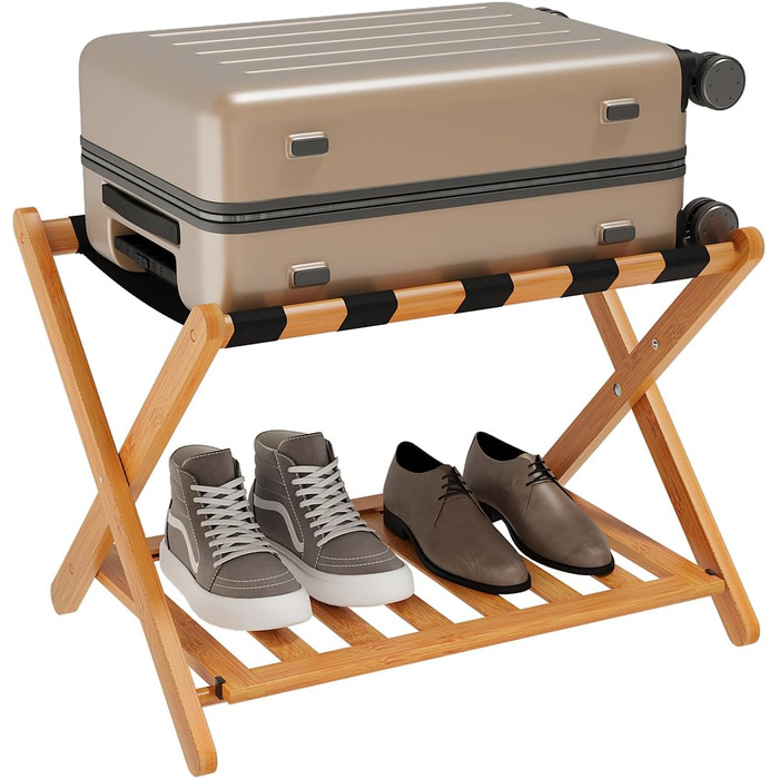 Fully assembled white luggage rack, enhanced bamboo, foldable suitcase stand with 5 nylon straps, luggage holder with shelf for guest rooms, hotel (white luggage rack, 1 piece) (honey, 1 piece)