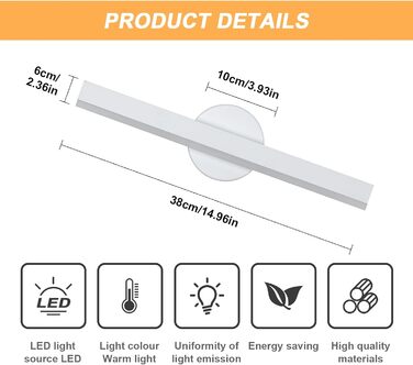 LED дзеркальна лампа Riserva 12W для ванної кімнати, поворотна 300°, 38 см, 3000K, чорний колір