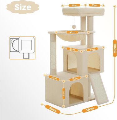 Дім-кігтеточка для котів PETEPELA 104 см з гамаком, будиночком та ігровим м'ячиком (Бежевий)