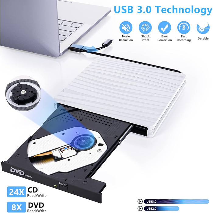 Зовнішній DVD-привід USB 3.0 та Type-C, портативний CD/DVD+/-RW записувач для ноутбука, ПК, MacBook, Windows, MacOS, Linux (Білий)
