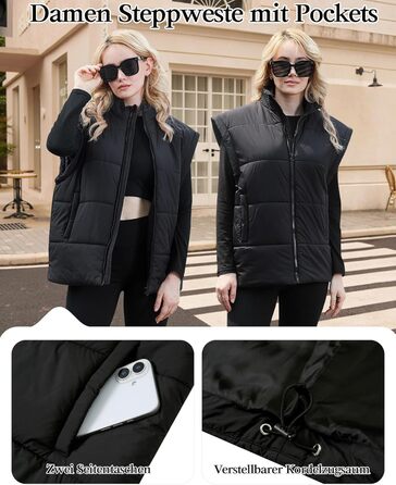 Жіноча степкова жилетка з коміром-стійкою, без рукавів, тепла на осінь-зиму, для активного відпочинку, чорна, S-XXL