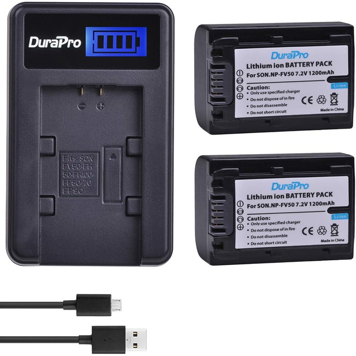 Запасний акумулятор DuraPro 1200mAh NP-FV50 + зарядний пристрій USB LCD для Sony NP-FV30/FV40/FV50 (HDR-CX150E, HDR-CX170, HDR-SR68, DCR-SR20E, HDR-CX190, HDR-CX130)