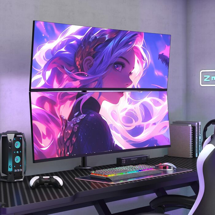 Кріплення для монітора 2 шт. один над одним, 17-49 дюймів, плоскі та вигнуті екрани, вертикальне кріплення, регулювання висоти, 20 кг на кріплення, VESA 75/100 мм, чорний