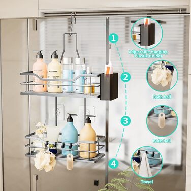 Настінна поличка для душу HapiRm з 4 гачками - поворотна 360°, органайзер для шампуню та мийних засобів, сріблястий