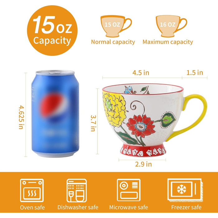 superyes Large Coffee Cup Set, 4 Pieces, Coffee Cup Set for Tea, Milk, Latte, Cappuccino, Cereal, Hot Chocolate, Soup, Gift for Friend, Family (Red-Yellow-Green, 425 ml x 4 Pieces)