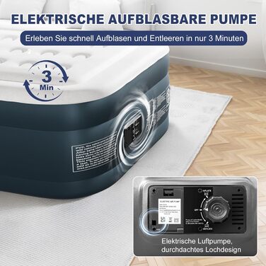 Надувний матрац LEADZM для 2 осіб з електронасосом, 203x152x46 см, сірий. Самороздувний, флок + PVC, вантажопідйомність 295 кг