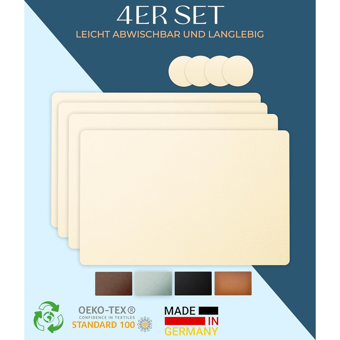 Washable Table Placemats 4-Piece Set – Sustainable, Stable & Non-Slip – High-Quality Recycled Leather, Made in Germany (Beige)