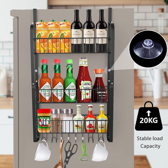 Carbon Steel Refrigerator Shelf, 3-Piece Spice Rack No Drilling, Hanging Shelf with 8 Hooks, Hanging Kitchen Shelf, Spice Organizer with Adhesive Strips
