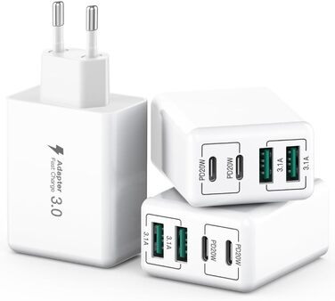 Блок зарядного пристрою USB C на 40W з 4 портами, швидка зарядка PD+QC, для iPhone, Samsung, Tablet, білий (3 шт.)