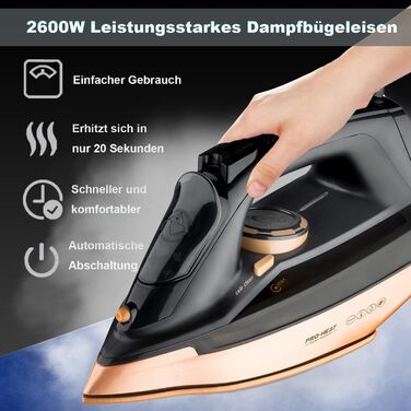 Iron, 2600 W Steam Iron, Ceramic Soleplate, Self-Cleaning & Spray Water Function, Anti-Calc, Drip Stop, Vertical Steam, Steam Iron (Black)