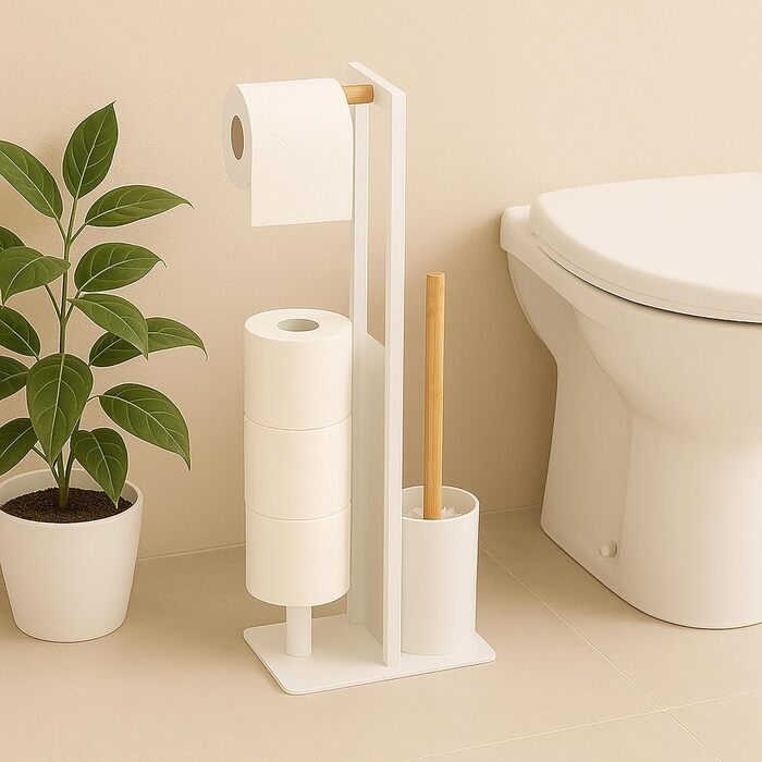 Набір для туалету Relaxdays: тримач туалетного паперу, щітка, тримач рулонів, білий/натуральний, 65 x 21 x 18 см
