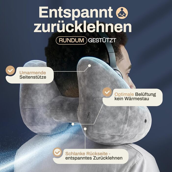 Подушка для шиї HELDENWERK® Air: 5 положень, регульований тиск, знімний капюшон | Подушка для подорожей на літаку/автомобілі, м'яка, сірого кольору, велика