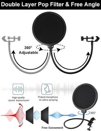 Тримач для мікрофона на подовжувачі, регульований кріплення для Blue Yeti, Yeti Nano, Elgato Wave, HyperX QuadCast, Fifine AM8 та інших мікрофонів, з різьбою 3/8' - 5/8' 1/4', поп-фільтр, кріплення для мікрофона