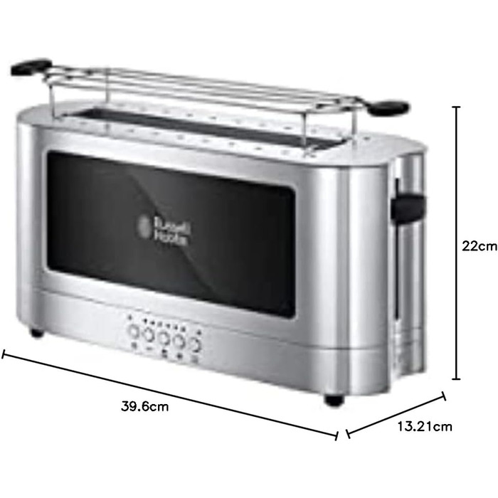 Russell Hobbs Toaster [Slot for 2 slices / 1 wide slice of bread] Elegance Glass/Stainless Steel (extra wide toast slot, including bun attachment, 6 browning levels + defrost & reheat function) 23380-56