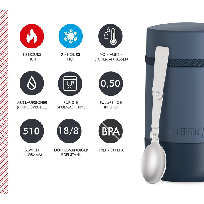 Thermos GUARDIAN Food Jar 0.50 l, lake blue, 500 ml food container blue, stainless steel, with spoon, Bonus Bowl for cereal, toppings, absolutely leakproof, leak-proof 500 ml with spoon Lake Blue Mat