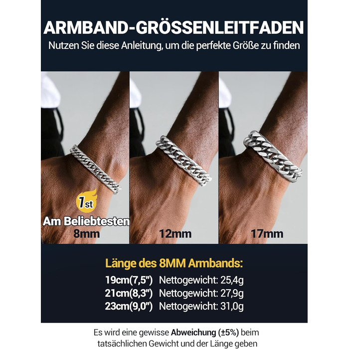 Чоловічий браслет PROSTEEL з нержавіючої сталі з 18K золотом, чорний, ланцюжок 'Panzerkette', важкий, для чоловіків та підлітків, 8 мм/12 мм/16,5 мм/17 мм, срібло, 19 см