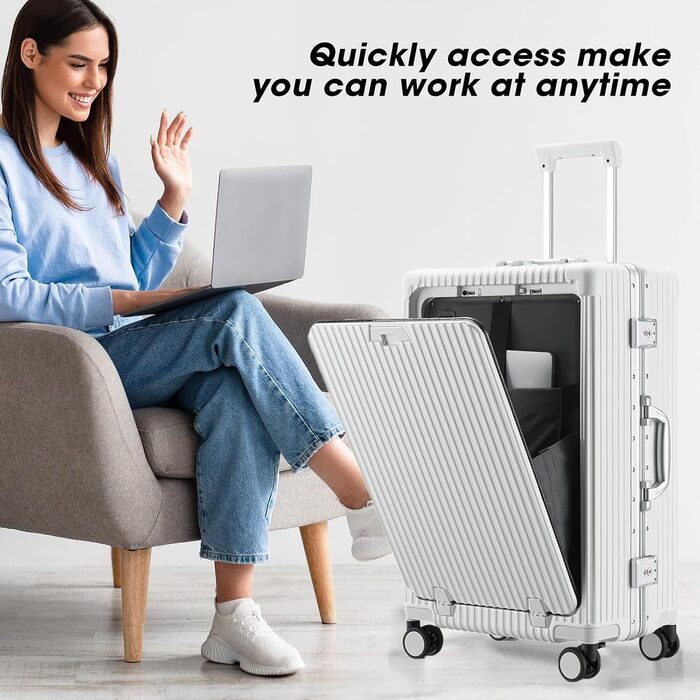 Чемодан ручної поклажі 56 см, 20 дюймів, з алюмінієвим каркасом, PC корпус, 4 колеса, TSA замок, USB-порт, тримач для напоїв, білий