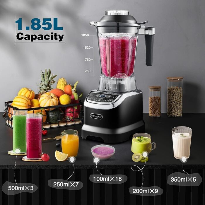 AMZCHEF Mixer Smoothie Maker - 2000W Blender - High-Performance Mixer with LED Timer - 6 Professional 3D Blades - 22000 RPM Stand Mixer - 1.85 Liter Bottle and 600ml Portable Bottle 2000W Black
