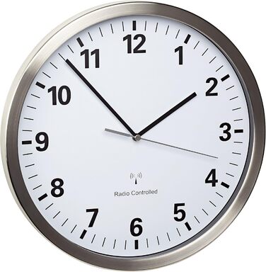 TFA Dostmann Analog Wall Clock Radio, with Stainless Steel Frame, Large, 30cm Diameter, White, 60.3523